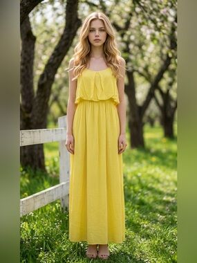 New Collection Viscose Yellow Ruffled Tank Maxi Dress